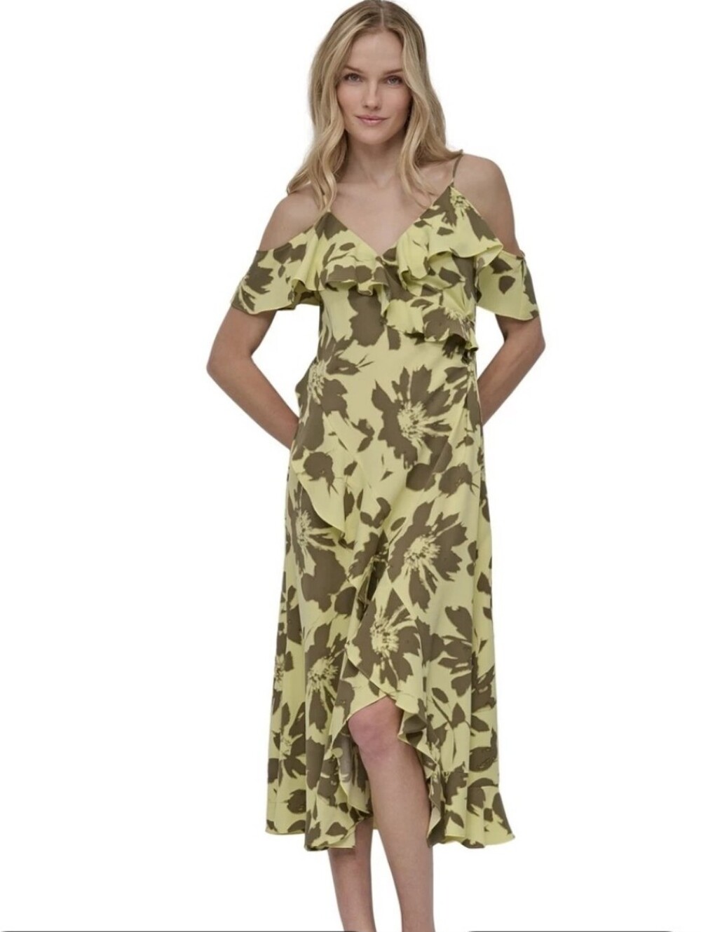 DKNY NWT Size 14 Yellow Brown Floral Ruffle Draped Midi Dress Sleeveless Cocktai